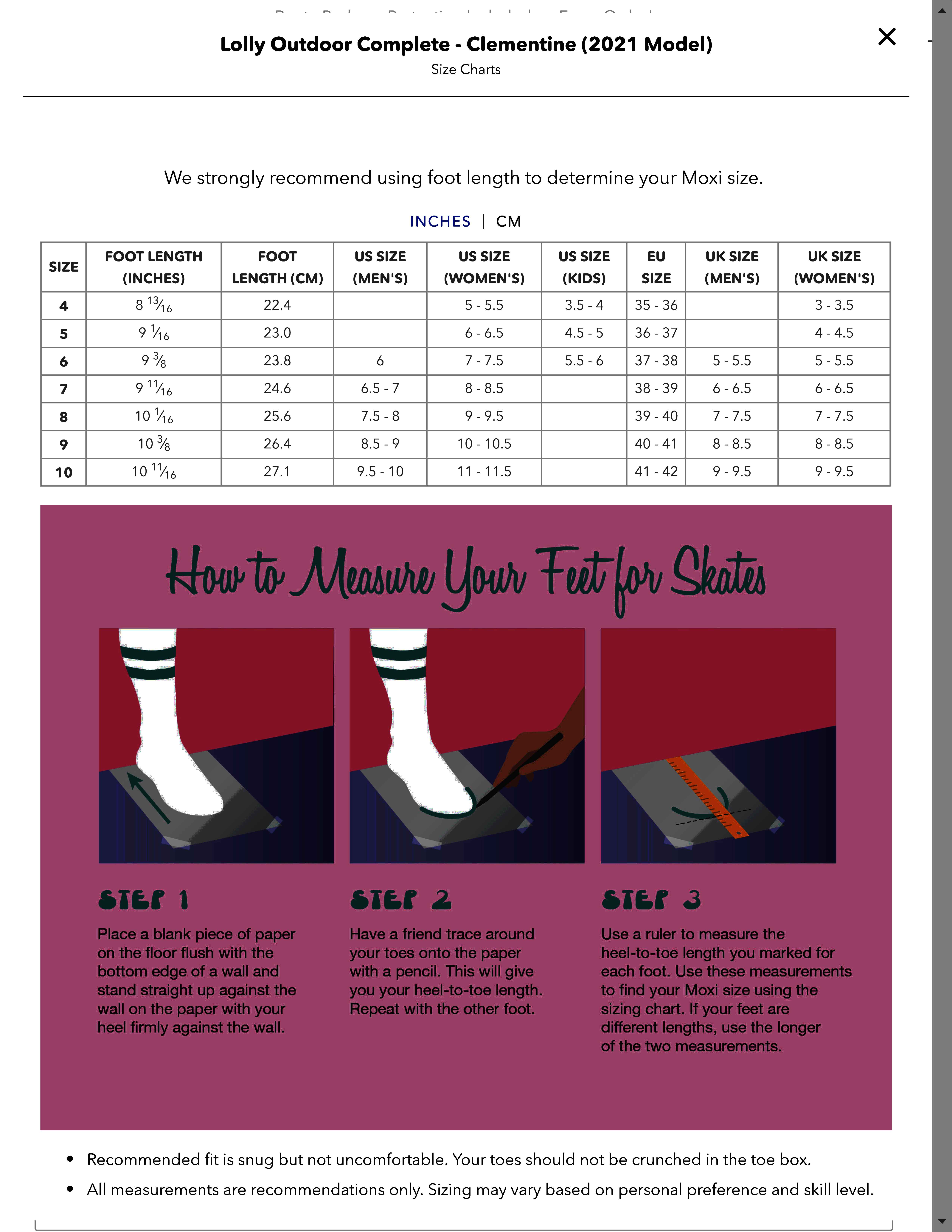 Moxi Lolly Size Chart