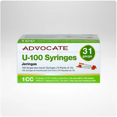 Advocate U-100 insulin syringes, 31G, 1cc, 5/16