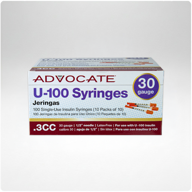 Advocate U-100 Insulin Syringes 30G .3cc 1/2" 100/box (852982006682)
