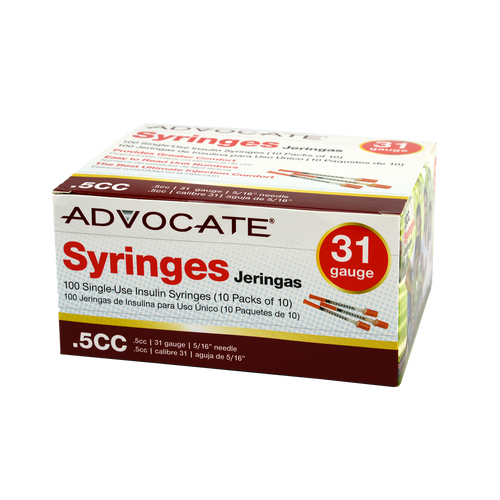 DING & DENT: Advocate U-100 Insulin Syringes 31G .5cc 5/16" 100/box (DD-894046001707)