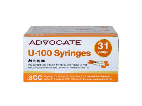 Advocate U-100 Insulin Syringes 31G .3cc 5/16" 100/box Advocate U-100 Insulin Syringes 31G .3cc 5/16" 100/box