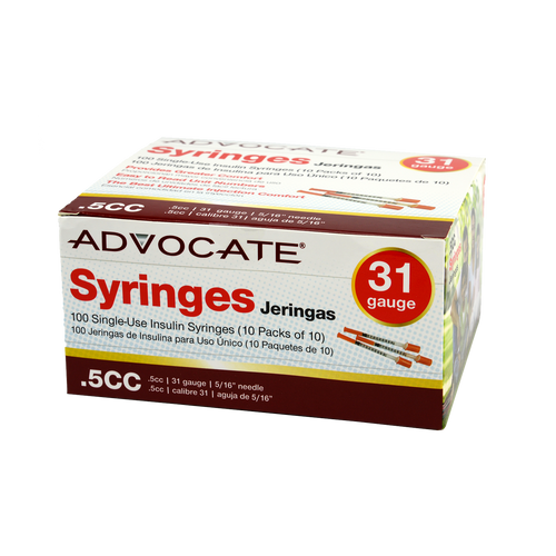 Advocate U-100 Insulin Syringes 31G .5cc 5/16" 100/box Advocate U-100 Insulin Syringes 31G .5cc 5/16" 100/box