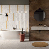 SENSI GEMS
Bathroom with Free Standing Bath and Feature Wall. Tiles used are Crystal 120X270, 60X120, 30X60 Mix Sizes Rett-Lux + Atlantis List. Senape 5X60 + Interno 9 Rust 60X120
