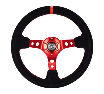 NRG Reinforced Steering Wheel (350mm / 3in. Deep) Blk Leather/Red Stitch w/Red Spoke - RST-006S-RD Photo - Primary