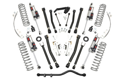 Total transformation on and off the trail starts with Rough Country's 4-Inch X-Series Suspension Lift Kit for Jeep. This all-inclusive package delivers aggressive styling, increased ground clearance, and enhanced off-road capability for the ultimate upgrade.Precision Adjustable Control Arms: This kit includes front and rear upper and lower X-Flex Control Arms featuring a high-clearance design. Built with OEM-style rubber bushings, fully rebuildable flex joints, and massive 2.5-inch diameter bodies with 1.25-inch threads, these arms are fully greasable for long-lasting durability and superior articulation. Fine-tune your ride height and suspension geometry with ease.Optimized Suspension Geometry: Lifted coil springs and rear coil correction plates provide the perfect combination of ride height and vibration dampening. The correction plates adjust the rear coil spring angle by 10 degrees, allowing for optimal suspension performance across any terrain.Heavy-Duty Forged Adjustable Track Bar: Strength and stability are delivered by a 16-pound forged solid steel Adjustable Front Track Bar. This heavy-duty component outmatches stock parts, maintaining precise axle alignment and control even during extreme off-road flexing. It's fully adjustable on the vehicle and easy to install.Custom Shock Options for Any Terrain: Select from nitrogen-charged N3 shocks, V2, M1 Monotube, or premium M1R shocks to match your driving style. From versatile daily comfort to maximum off-road control, this kit lets you tailor your suspension for any adventure.Confident, Balanced Stance: This lift kit levels the front of your Jeep with the rear, creating a commanding, well-balanced look that performs as good as it looks.Peace of Mind Guaranteed: Backed by Rough Country's Limited Lifetime Replacement Warranty, you can hit the trails knowing your investment is protected.