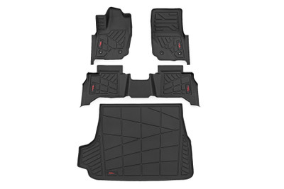 Keeping your ride spotless isn't always easy, especially with the unpredictable weather and accidental spills. Now you can ditch the dirt and keep your ride clean with Rough Country's Sure-Fit Floor Mats! All-Weather Protection: Our Sure-Fit Floor Mats are built to conquer any mess, from snow and mud to sand, salt water, and even that mystery puddle you're too afraid to touch. Spilled coffee? Don't sweat it! These mats feature a raised lip design that traps spills before they can reach your carpet. Plus, the textured surface keeps your feet firmly planted (no matter how messy things get).Sure-Fit Design: Made from tough Thermoplastic Rubber, these mats can handle anything you throw at them. They're flexible enough to contour perfectly to your 4Runner's floor, but strong enough to withstand even the most extreme temperatures. And the best part? They're custom-designed for your ride, so you get a perfect fit with extra coverage, whether you're rocking bucket or bench seats.Installation is a Breeze: Simply swap out your old mats and put ours in place. And they're just as easy to remove for cleaning, whether you're hitting them with the hose or giving them a quick vacuum. Made with pride in the USA using high-quality materials, they're built to withstand the test of time. And to show we stand behind our product, we offer a Limited Lifetime Warranty, so you can drive with confidence knowing your investment is protected.With Rough Country's Sure Fit Floor Mats you get the perfect combination of style, durability, and peace of mind, knowing your vehicle's floors are protected no matter where the road takes you. Life is messy, but your truck doesn't have to be.