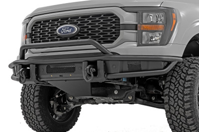 Take your truck's off-road capability and style to the next level with this rugged, trail-ready upgrade. Built for performance and designed to turn heads, this bumper is ready for any adventure.Sleek & Bold Design: Constructed with durable 2-inch diameter tubing and finished in a corrosion-resistant Satin Black coating, this bumper delivers a bold, aggressive look that complements your F-150's rugged stance.Trail-Ready Strength: Equipped with a heavy-duty D-ring set boasting a massive 4.75-ton capacity, this bumper provides reliable recovery points for your toughest adventures.Ultimate Off-Road Protection: An integrated skid plate shields vital components from rocks, debris, and rough terrain, while the bolt-on stinger bar enhances front-end protection and style.Built-In Light Bar Mount: The stinger bar isn't just for protection - it also functions as a sturdy mount for an LED light bar, giving you the flexibility to enhance nighttime visibility on the trails.With bold styling, unbeatable strength, and essential off-road features, Rough Country's Front Tubular Bumper is the game-changing upgrade your F-150 deserves. Ditch the stock look and conquer the trails with confidence!