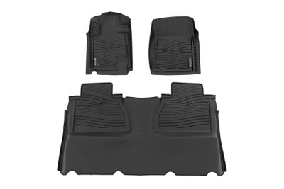 Introducing Flex-Fit floor mats ΓÇö the ultimate enhancement for your Toyota Tundra's interior and built tough to handle any challenge. Crafted from premium rubber-like material, these mats are as durable as they come, perfectly tailored to fit your Tundra's unique shape for a seamless finish.Stock floor mats just don't cut it for adventurers. They get trashed by mud, don't hold up to spills, and leave your carpets a mess. Give your ride the all-weather protection it deserves with Rough Country's Flex-Fit Floor Mats, the perfect solution for keeping your vehicle clean and protected.All-Weather Protection: Engineered to fit your vehicle perfectly, these mats provide top-notch defense against snow, mud, sand, saltwater, and more.Spill Saver Lip: Don't sweat the spills! Our mats feature a Spill Saver Lip that prevents liquids from reaching your carpet, so you can enjoy your coffee on the go without worry.Non-Slip, Textured Surface: Stay in control no matter the terrain with our mats' non-slip, textured surface, designed to keep your feet firmly planted while driving.Easy to Clean and Maintain: Cleaning up is a breeze! These mats are detachable and easy to clean, so you can spend less time on maintenance and more time hitting the road.Premium Materials: Constructed from a rubber-like TPE material, these mats are built to withstand extreme temperatures without cracking or warping. They will stay flexible and functional for the long haul.Effortless Installation: Forget wrestling with bulky mats. Flex-Fit Mats slide right into place for a quick and frustration-free installation.Upgrade your Toyota's defense against the elements with Rough Country's Flex-Fit Floor Mats. They'll keep your carpets looking fresh and give you peace of mind on every adventure.