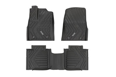 Introducing Flex-Fit floor mats ΓÇö the ultimate enhancement for your truck's interior and built tough to handle any challenge. Crafted from premium rubber-like material, these mats are as durable as they come, perfectly tailored to fit your truck's unique shape for a seamless finish.\
Stock floor mats just don't cut it for adventurers. They get trashed by mud, don't hold up to spills, and leave your carpets a mess. Give your ride the all-weather protection it deserves with Rough Country's Flex-Fit Floor Mats, the perfect solution for keeping your vehicle clean and protected.\
All-Weather Protection: Engineered to fit your vehicle perfectly, these mats provide top-notch defense against snow, mud, sand, saltwater, and more.\
Spill Saver Lip: Don't sweat the spills! Our mats feature a Spill Saver Lip that prevents liquids from reaching your carpet, so you can enjoy your coffee on the go without worry.\
Non-Slip, Textured Surface: Stay in control no matter the terrain with our mats' non-slip, textured surface, designed to keep your feet firmly planted while driving.\
Easy to Clean and Maintain: Cleaning up is a breeze! These mats are detachable and easy to clean, so you can spend less time on maintenance and more time hitting the road.\
Premium Materials: Constructed from a rubber-like TPE material, these mats are built to withstand extreme temperatures without cracking or warping. They will stay flexible and functional for the long haul.\
Effortless Installation: Forget wrestling with bulky mats. Flex-Fit Mats slide right into place for a quick and frustration-free installation.\
Upgrade your truck's defense against the elements with Rough Country's Flex-Fit Floor Mats. They'll keep your carpets looking fresh and give you peace of mind on every adventure.
