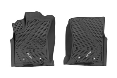 Introducing Flex-Fit floor mats ΓÇö the ultimate enhancement for your truck's interior and built tough to handle any challenge. Crafted from premium rubber-like material, these mats are as durable as they come, perfectly tailored to fit your truck's unique shape for a seamless finish.\
Stock floor mats just don't cut it for adventurers. They get trashed by mud, don't hold up to spills, and leave your carpets a mess. Give your ride the all-weather protection it deserves with Rough Country's Flex-Fit Floor Mats, the perfect solution for keeping your vehicle clean and protected.\
All-Weather Protection: Engineered to fit your vehicle perfectly, these mats provide top-notch defense against snow, mud, sand, saltwater, and more.\
Spill Saver Lip: Don't sweat the spills! Our mats feature a Spill Saver Lip that prevents liquids from reaching your carpet, so you can enjoy your coffee on the go without worry.\
Non-Slip, Textured Surface: Stay in control no matter the terrain with our mats' non-slip, textured surface, designed to keep your feet firmly planted while driving.\
Easy to Clean and Maintain: Cleaning up is a breeze! These mats are detachable and easy to clean, so you can spend less time on maintenance and more time hitting the road.\
Premium Materials: Constructed from a rubber-like TPE material, these mats are built to withstand extreme temperatures without cracking or warping. They will stay flexible and functional for the long haul.\
Effortless Installation: Forget wrestling with bulky mats. Flex-Fit Mats slide right into place for a quick and frustration-free installation.\
Upgrade your truck's defense against the elements with Rough Country's Flex-Fit Floor Mats. They'll keep your carpets looking fresh and give you peace of mind on every adventure.
