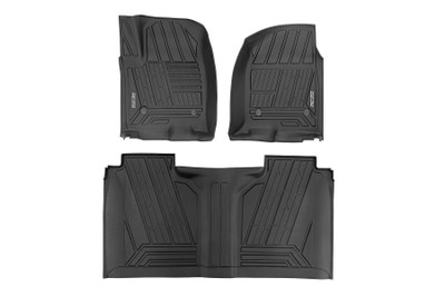 Introducing Flex-Fit floor mats ΓÇö the ultimate enhancement for your truck's interior and built tough to handle any challenge. Crafted from premium rubber-like material, these mats are as durable as they come, perfectly tailored to fit your truck's unique shape for a seamless finish.\
Stock floor mats just don't cut it for adventurers. They get trashed by mud, don't hold up to spills, and leave your carpets a mess. Give your ride the all-weather protection it deserves with Rough Country's Flex-Fit Floor Mats, the perfect solution for keeping your vehicle clean and protected.\
All-Weather Protection: Engineered to fit your vehicle perfectly, these mats provide top-notch defense against snow, mud, sand, saltwater, and more.\
Spill Saver Lip: Don't sweat the spills! Our mats feature a Spill Saver Lip that prevents liquids from reaching your carpet, so you can enjoy your coffee on the go without worry.\
Non-Slip, Textured Surface: Stay in control no matter the terrain with our mats' non-slip, textured surface, designed to keep your feet firmly planted while driving.\
Easy to Clean and Maintain: Cleaning up is a breeze! These mats are detachable and easy to clean, so you can spend less time on maintenance and more time hitting the road.\
Premium Materials: Constructed from a rubber-like TPE material, these mats are built to withstand extreme temperatures without cracking or warping. They will stay flexible and functional for the long haul.\
Effortless Installation: Forget wrestling with bulky mats. Flex-Fit Mats slide right into place for a quick and frustration-free installation.\
Upgrade your truck's defense against the elements with Rough Country's Flex-Fit Floor Mats. They'll keep your carpets looking fresh and give you peace of mind on every adventure.