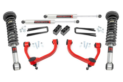 Upgrade your truck with an unbeatable combination of aggressive good looks, increased ground clearance, and premium components - all at an incredible value. Designed specifically for the twelfth-generation F-150 models, this kit delivers a hassle-free installation and enhanced performance both on and off the road.Premium Forged Aluminum Control Arms for Maximum Durability: This kit includes high-quality forged aluminum upper control arms, engineered for superior strength and easier alignment adjustments. Built with heavy-duty rubber bushings, these arms ensure long-lasting reliability while maintaining factory-like geometry. By keeping ball joints at optimum angles, they reduce stress and wear, giving your suspension an extended lifespan. Also available with a bold red powder-coated finish for added corrosion resistance and a custom look.Fully Configurable with Shock/Strut Options: Customize your ride with the perfect suspension setup! Choose from nitrogen-charged N3 shocks for a balanced ride or upgrade to premium M1 monotube shocks for maximum performance and adjustability. Whether you're looking for comfort, off-road capability, or high-end damping control, this kit gives you full flexibility to dial in your ride quality.Balanced Stance with Increased Ground Clearance: This 3-inch lift kit levels the front and rear of your truck, eliminating factory rake and giving your F-150 a clean, aggressive stance. The included rear blocks provide additional lift while maintaining a factory-like ride. With this setup, your truck gets ample clearance for up to 34-inch tires without sacrificing drivability.Simple, Bolt-On Installation: Designed for easy installation, this kit features a 100% bolt-on process that can be completed with common tools in a home garage. No need for cutting or drilling - just a straightforward, stress-free upgrade. Plus, if you ever want to return your truck to stock, this kit allows for a full reversal with ease.Built to Last: With its durable construction and premium components, this lift kit is built to handle whatever the road throws your way. Plus, it comes backed by Rough Country's Limited Lifetime Replacement Warranty, ensuring long-term confidence in your investment.