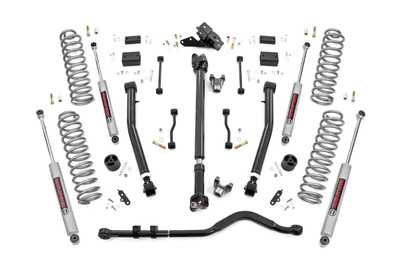 When it comes to your four-door Jeep JL Unlimited, we know you need a lift that won't let you down. Our 3.5 Inch Lift Kit delivers legendary off-road prowess and smooth on-road handling.Increased Ground Clearance: Get ready to conquer those rocky trails and rough terrains like a boss! Our lift kit gives your Jeep Wrangler Unlimited the extra inches it needs to clear obstacles with ease.Front-to-Rear Leveling: Tired of that nose-down stance? Ditch the unbalanced Jeep life with our leveling kit. We bring symmetry to your ride, lifting the front to match the rear, giving you a smooth and steady journey.Tuned Coil Springs for Superior Performance: Your Jeep's handling and ride quality matter, and we get that. Our coil springs come dialed in with OEM spring rates, delivering top-notch handling and a plush ride. Our linear coil rate springs take it up a notch, ensuring impeccable handling and stability, even when the terrain gets wild.Additional Tire Clearance: Who doesn't want bigger, beefier tires? Our lift kit makes room for larger tires (up to 35 inches), giving your Jeep a more aggressive look that will turn heads on and off the road!Heavy-Duty Track Bar: Our included track bar is an absolute beast, constructed from forged solid steel for unparalleled strength and durability. With its massive 1.25-inch outside diameter and rugged OEM-style rubber bushings, it's built to handle anything the off-road throws its way.Durable CV Driveshaft: The factory shaft does not have adequate clearance once lifted and will cause damage to the Rzeppa joint if the driveshaft spins while the suspension is fully flexed or articulated. Rough Country's extended Front CV Driveshaft eliminates this issue allowing you to flex your suspension with more peace of mind!Adjustable Control Arms: The included Rough Country X-Flex Control Arms feature a massive 2.5in diameter body and huge 1.25 threads. The provided X-Flex Joints offer a considerable range, strength, and safety for off-road applications. Boasting an impressive range of motion, Rough Country's lower control arm flex joints are capable of a staggering thirty-five degrees pivot range.Easy Installation: We know you'd rather be off-roading than in the garage all day. That's why our lift kit is designed for easy installation, so you can hit the trails in no time.