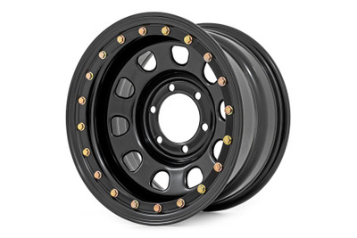 Stand-out Look. Rough Country's Black Simulated Beadlock Steel Wheels are built for maximum durability and strength with high-performance styling that ensures that it's ready to withstand anything on and off-road. This steel wheel replacement will provide you with a rugged appearance and outstanding performance that you expect from Rough Country products. Rough Country's black Steel wheels are the perfect setup for running a 12.50ΓÇ¥ wide tire with appropriate lift.┬á\
Superior Design. Our Steel Wheels feature a durable black finish and feature a 10-slot D-window design. They are constructed from heavy-duty steel for long-lasting performance. Rough Country's Steel Wheels come with a 1-year finish and Limited Lifetime Structural Warranty.