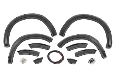 Add aggressive good looks quickly and easily with Rough Country's Fender Flares. Nothing compliments a new lift, wheels, and tires like a set of stylish, mean-looking fender flares. Rough Country's Fender Flares are designed with a simulated riveted look. These fender accessories bolt-on quickly and easily in a few secure mounting points, making installation a cinch. No cutting or drilling is required to install, and these flares can be easily removed and return your truck to stock! These UV treated fender flares ship in flat-black or can easily be painted to match your vehicle, and are designed to withstand the sun, rain and other elements of nature. Rough Country Fender Flares are guaranteed to be free of defects for 3 years!
