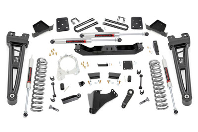 Take your truck to new heights with Rough Country's 6in Radius Arm Suspension Lift! This all-inclusive kit comes with everything you need for a total trasnformation of your truck. Run up to 37in tires while preserving the smooth, factory ride quality with this impressive upgrade.\
When changing a vehicle's suspension, the key to preserving ride quality is keeping the geometry of all suspension components as close to their factory angles as possible. Rough Country's new 6-inch Radius Arm Suspension Lift features a set of ultra-durable Radius Arms, precision fit to bolt right into the factory mounts for an easier install and a more factory-like angle. At 27lbs each, these beefy, upgraded Radius Arms dwarf stock equipment┬áand feature durable durable rubber bushings for maximum vibration absorption.\
This kit includes a set of lifted coil springs and ultra-durable, fabricated anti-wrap rear blocks that prevent binding and axle wrap. Best of all, this kit comes with your choice of Rough CountryΓÇÖs N3, V2 Monotube, or Vertex Adjustable Reservoir shocks! Includes Rough CountryΓÇÖs Lifetime Replacement Warranty