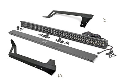 With durable steel construction and aggressive good looks, Rough Country's 50-inch LED Upper Windshield Light Bar Bracket is the ultimate solution for adding our premiere lighting system to your Jeep JK. With its modern, stylistic design and superior strength, this upper windshield mount holds your 50-inch Light Bar between the top of your Wrangler's windshield and roof, spanning the entire width of the roof and giving a killer look. Fits any standard 50-inch Off-Road LED Light. Includes a 50-inch Black Series LED Light w/ Amber┬áDRL.┬á