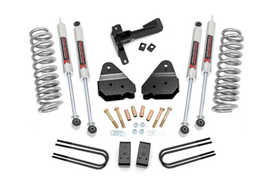 Superior Looks. Give your fourth generation Ford Super Duty an impressive upgrade, front to back with Rough CountryΓÇÖs 3" Suspension Lift Kit! This easy-to-install lift kit raises the front of your vehicle to be equal height with the rear for a leveled, better-than-stock look that gives an improved ride height and more aggressive appearance.\
Durable Components. This kit features a set of front, lifted coil springs allowing you to gain additional ride height without sacrificing ride quality or performance. A set of radius arm drop brackets as well as a track bar drop bracket is provided to keep everything at optimum angles for a factory-like ride, even after lifting. Get the wheels you want! Rough Country's 3" Suspension Lift Kit comes with everything you need to fit up to a 35" tire with proper wheel backspacing.\
Installation. Requiring minor trimming to install, an estimated timeframe of 3-4 hours is recommended to complete this full installation. This full kit can be installed at home and can be completed efficiently and quickly!\
Limited Lifetime Replacement Warranty. Rough CountryΓÇÖs 3" Suspension Lift Kit is backed with a limited lifetime replacement warranty towards manufacturer defects. As such, the product is protected from structural and workmanship damage after the date of purchase. With our industry-leading warranty give yourself peace of mind when using Rough Country's Suspension products!