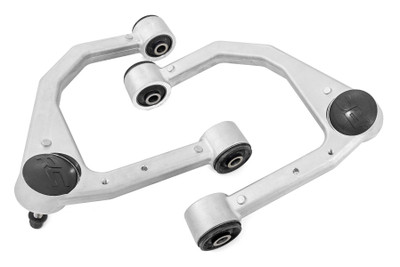 Durable One-Piece Design. Take your truck to the next level with Rough CountryΓÇÖs most durable Upper Control Arm to date! Rough CountryΓÇÖs Forged Upper Control Arms feature a solid, 1-piece design made of forged aluminum for superior strength and durability. This forged design outperforms all other types of arm construction, with no welding weak spots that could bend or break.\
High Strength Ball Joints. Rough CountryΓÇÖs Forged Upper Control Arms use POM ball joints which reduces metal-to-metal contact for less maintenance and longer service life versus standard or OE replacements. These Ball joints feature a POM ball race for an extremely low co-efficient of friction and an oversize ball diameter reduces load and improves range of motion in a fully greaseable design. Rough CountryΓÇÖs Forged Upper Control Arms also feature durable rubber bushings rubber bushings for superior quality and durability.\
Installation. Featuring a 100% bolt-on installation process, an estimated timeframe of 3-4 hours is recommended to complete this full installation. This full kit can be installed at home and can be completed efficiently and quickly!\
Limited Lifetime Replacement Warranty. Rough Country's Forged Aluminum Control Arms are backed with a limited lifetime replacement warranty towards manufacturer defects. As such, the product is protected from structural and workmanship damage after the date of purchase. With our industry-leading warranty give yourself peace of mind when using Rough Country's Suspension products!