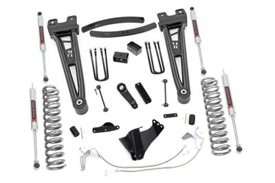 Compliment your 08-10 Ford F-250/350's aggressive, good looks with Rough Country's 6-inch Radius Arm Lift Kit. Rough Country's 6-inch Lift Kit was engineered to retain the F-250/350's impressive factory specs while bumping up performance and durability where it's needed most. The result is an aggressive, lifted beast with a mean profile and balanced on and off-road ride quality.\\
When changing a vehicle's suspension, the key to preserving ride quality is in keeping the geometry of all suspension components as close to their factory angles as possible. Rough Country's new 6-inch Radius Arm Suspension Lift features a set of ultra-durable Radius Arms, precision fit to bolt right into the factory mounts for an easier install and a more factory-like angle. At 27lbs each, these beefy, upgraded Radius Arms dwarf stock equipment while and feature durable durable rubber bushings for maximum vibration absorption.\\
This all-inclusive kit also features an adjustable alignment cam at the axle to allow caster adjustment as well as a track bar relocation bracket and a drop pitman arm. A full set of N3 Shocks provide a truly balanced ride quality for on and off-road use - prefect for daily drivers. This kit also ships with a set of durable, lifted coil springs and brake line relocation brackets.\\
This innovative kit design features a 100% bolt-on installation process that is lightning fast compared to other kits this size. Save time and money with no need for cutting, drilling, or other complicated procedures. Rough Country's 6-inch Radius Arm Lift Kit is backed by our Lifetime Replacement Warranty.