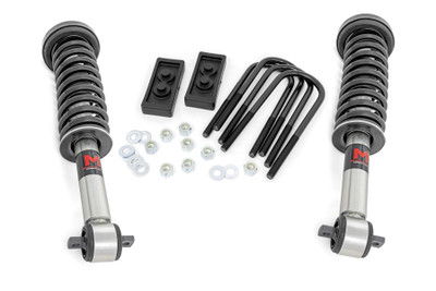 Need a new look?ΓÇ»How can you lift, level, and personalize your truck all at the same time? With Rough Country's 2.5-inch Leveling Kit for your Ford F-150 Tremor! This powerful leveling kit is designed to eliminate the nosediving effect and improve stance and look while retaining ride quality. In addition, our leveling kit offers a boost in ground clearance while allowing you the ability to run 35 x 12.50 tires on OE wheels without any trimming. So, you get a whole new height to look from, along with better undercarriage protection.\
Durability with Style.ΓÇ»Rough Country's F-150 Tremor Leveling Kit consists of Rough Country's N3 Performance Lifted Struts and durable rear blocks. Our Nitrogen charged, loaded struts add ride height to your truck while maintaining a smooth, factory-like ride. Each strut includes a pre-loaded coil for lightning-fast installation without the need for complicated strut disassembly. Each strut also features a silver powder coat finish for a rugged style and durable performance. This kit raises the front of the vehicle 2.5-inches, and the factory rear blocks are replaced with our heavy-duty proprietary composite material blocks to achieve a level stance, providing a perfect balance between appearance and functionality.\
Installation and Warranty. Our 2.5in Leveling Kit for your Ford F-150 Tremor is an easy, bolt-on installation. The kit comes with Rough Country's industry-leading limited lifetime warranty.