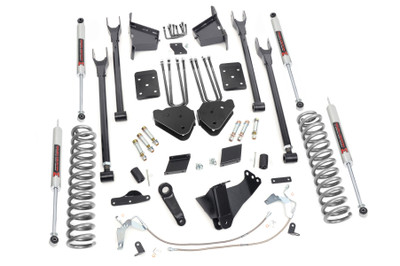 Gain greater travel and improved handling while adding ground clearance and aggressive style with Rough CountryΓÇÖs 4-Link F-250 Lift Kit for models without rear factory contact overload springs.This innovative kit allows you to replace your factory arms with a 4-Link setup, using Rough CountryΓÇÖs durable, fixed upper arms and adjustable lower control arms. A set of radius arm drop brackets maintain proper geometry and allow for proper caster setting, which is crucial to maintain factory handling.This kit includes a set of lifted coil springs, radius arm drop-brackets, and ultra-durable, fabricated Anti-wrap rear blocks that prevent binding and axle wrap. This kit also includes stainless steel extended brake lines and brake line brackets to ensure you have everything you need to install your lift. Best of all, this kit features Rough CountryΓÇÖs Nitrogen-Charged N3 Shock Absorbers for the ultimate balance in off-road performance and a smooth highway ride. Includes Rough CountryΓÇÖs Lifetime Replacement Warranty