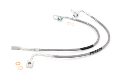 Upgrade your worn-out rubber brake lines with Rough Country's Stainless Extended Steel Brake Line Kit. Our DOT-approved brake line kits offer the necessary extra length to install your application, perfect for vehicles lifted 6in and for anyone who wants to swap out poor-performing or decaying factory brake lines.Rough Country's Stainless Steel replacements offer superior protection and a seriously long lifespan. A braided stainless steel exterior keeps your lines free from off-road┬ádebris, rocks, and mud that can penetrate factory rubber lines. This durable outer layer also prevents expansion of the internal Teflon layer - even under 4,000PSI - keeping fluid moving to the brake line for a noticeably firmer brake pedal feel. High-quality hollow fasteners at both ends of each brake line provide a leak-free flow path.