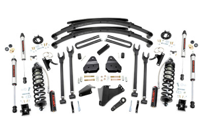 Superior Ride Quality. Give your first-generation Ford Super Duty an impressive upgrade and incredible ride quality with Rough CountryΓÇÖs 4-Link Coilover Conversion Lift Kit! This must-have kit is the pinnacle of suspension upgrades. Providing ride height adjustability, increased dampening, and killer good looks. You're sure to set yourself apart from the pack. This innovative kit allows you to replace your factory arms with a 4-Link setup, using Rough CountryΓÇÖs durable, fixed upper arms and adjustable lower control arms. A set of radius arm drop brackets maintain proper geometry and allow for proper caster setting, which is crucial to maintaining factory handling.\
Durable Components. Rough CountryΓÇÖs 6" 4-Link Coilover Conversion Lift Kit features top-mounted reservoir brackets and coil-over mounts constructed from 1/4-inch steel. Utilizing this conversion kit you're removing the factory independent coil shock and coil set-up and replacing it with a massive 2.5in piston, nitrogen-charged, 8-stage adjustable Vertex Coilover. Rough CountryΓÇÖs Vertex Coilovers feature a monotube design with an external reservoir for increased oil capacity and damping sensitivity. When it comes to investing in a high-end kit, youΓÇÖll be pleased to find that Rough CountryΓÇÖs 2.5in piston design is beefier and offers an impressive 56% greater fluid capacity than the average reservoir shock. Each kit is paired with a monotube shock that provides optimal damping control.\
Installation. Requiring cutting and drilling to install, an estimated timeframe of 6-10 hours is recommended to complete this full installation. This full kit can be installed at home and can be completed efficiently and quickly!\
Limited Lifetime Replacement Warranty. Rough CountryΓÇÖs 4-Link Coilover Conversion Lift Kit is backed with a limited lifetime replacement warranty towards manufacturer defects. As such, the product is protected from structural and workmanship damage after the date of purchase. With our industry-leading warranty give yourself peace of mind when using Rough Country's Suspension products!