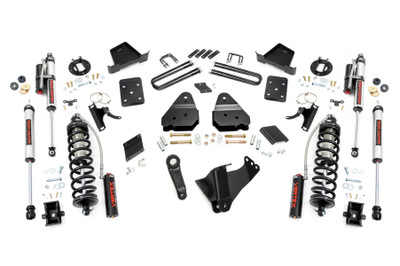 Explore New Heights. Give your third-generation Ford Super Duty superior lift height with Rough Country's 6-inch Coilover Suspension Lift Kit! This all-inclusive kit comes with everything you need for a total transformation of your truck. Run up to 37in tires while preserving the smooth, factory ride quality with this impressive upgrade.\
Durable Components. When changing a vehicle's suspension, the key to preserving ride quality is keeping the geometry of all suspension components as close to their factory angles as possible. Rough Country's new 6-inch Suspension Lift features a set of ultra-durable radius arm drop brackets, precision fit to bolt right into the factory mounts for an easier install and a more factory-like angle. Utilizing this conversion kit you're removing the factory independent coil shock and coil set-up and replacing it with a massive 2.5in piston, nitrogen-charged, 8-stage adjustable Vertex Coilover. Rough CountryΓÇÖs Vertex Coilovers feature a monotube design with an external reservoir for increased oil capacity and damping sensitivity. When it comes to investing in a high-end kit, youΓÇÖll be pleased to find that Rough CountryΓÇÖs 2.5in piston design is beefier and offers an impressive 56% greater fluid capacity than the average reservoir shock. Each kit is paired with a monotube shock that provides optimal damping control.\
Installation. Requiring cutting and drilling to install, an estimated timeframe of 6-10 hours is recommended to complete this full installation. This full kit can be installed at home and can be completed efficiently and quickly!\
Limited Lifetime Replacement Warranty. Rough Country's 6-inch Coilover Suspension Lift Kit is backed with a limited lifetime replacement warranty towards manufacturer defects. As such, the product is protected from structural and workmanship damage after the date of purchase. With our industry-leading warranty give yourself peace of mind when using Rough Country's Suspension products!