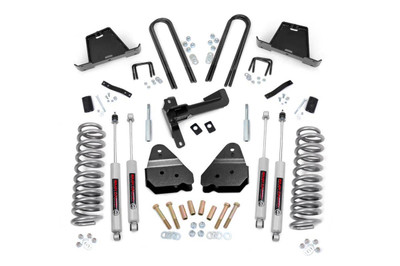 Give your 05-07 Ford Super Duty an impressive upgrade, front to back with Rough CountryΓÇÖs 4.5" Ford Suspension Lift Kit! This easy-to-install lift kit raises the front of your vehicle to be equal height with the rear for a leveled, better-than-stock look that gives an improved ride height and more aggressive appearance.\
This kit features a set of front, lifted coil spacers allowing you gain additional ride height without sacrificing ride quality or performance. A set of radius arm fropbrackets and track bar drop bracket are provided to keep everything at optimum angles for a factory-like ride, even after lifting.\
A set of Rough Country's premium N3 shocks are also included. These fine tuned 10-stage variable high-pressure Nitrogen charged shocks offer a fantastic blend of off-road action and smooth highway ride quality. With a durable 18mm spring-loaded piston rod and faster-cooling 54mm shock body.\
Get the wheels you want! Rough Country's 4.5" Suspension Lift Kit comes with everything you need to fit up to a 35" tire with proper wheel backspacing.\
Best of all, Rough Country's 4.5" Suspension Lift Kit is backed by our Lifetime Replacement Warranty.