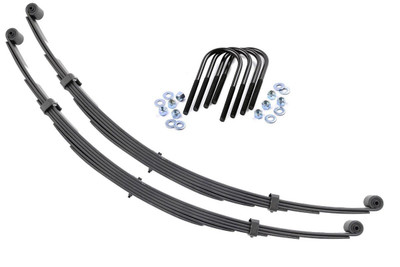 Added Lift Height and Ride Comfort. Take your suspension kit to the next level with Rough Country's Replacement Leaf Springs. Constructed from high-quality materials and designed specifically for the weight of your vehicle. This enhanced replacement spring will provide a factory-like feel while retaining your suspension lift height.┬á\
Durable and Off-Road Ready. Rough Country's Replacement Leaf Springs are designed to tackle any terrain that they are faced with. Featuring a multi-leaf design and spring pads this reduces the friction and maximizes comfort. Each leaf pack utilizes tapered leaves for improved flexibility at their ends.┬á\
Installation. Rough Country's Replacement Leaf Springs┬áoffer a 100% bolt-on installation estimated to take approximately 1-2 hours depending on vehicle condition. Simply remove the pre-existing leaf spring and use the stock hardware to equip your vehicle with this high-quality replacement.┬á\
Lifetime Replacement Warranty. Rough Country's Replacement Leaf is backed with a 5-year replacement warranty towards manufacturer defects. As such, the product is protected from structural and workmanship damage after the date of purchase. With our industry-leading warranty give yourself peace of mind when using Rough Country's Suspension products!┬á