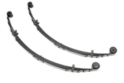 Added Lift Height and Ride Comfort. Take your suspension kit to the next level with Rough Country's Replacement Leaf Springs. Constructed from high-quality materials and designed specifically for the weight of your vehicle. This enhanced replacement spring will provide a factory-like feel while retaining your suspension lift height.┬á\
Durable and Off-Road Ready. Rough Country's Replacement Leaf Springs are designed to tackle any terrain that they are faced with. Featuring a multi-leaf design and spring pads this reduces the friction and maximizes comfort. Each leaf pack utilizes tapered leaves for improved flexibility at their ends.┬á\
Installation. Rough Country's Replacement Leaf Springs┬áoffer a 100% bolt-on installation estimated to take approximately 1-2 hours depending on vehicle condition. Simply remove the pre-existing leaf spring and use the stock hardware to equip your vehicle with this high-quality replacement.┬á\
Lifetime Replacement Warranty. Rough Country's Replacement Leaf is backed with a 5-year replacement warranty towards manufacturer defects. As such, the product is protected from structural and workmanship damage after the date of purchase. With our industry-leading warranty give yourself peace of mind when using Rough Country's Suspension products!┬á
