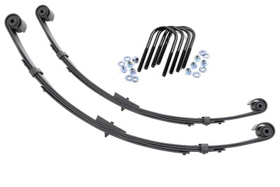 Added Lift Height and Ride Comfort. Take your suspension kit to the next level with Rough Country's Replacement Leaf Springs. Constructed from high-quality materials and designed specifically for the weight of your vehicle. This enhanced replacement spring will provide a factory-like feel while retaining your suspension lift height.┬á\
Durable and Off-Road Ready. Rough Country's Replacement Leaf Springs are designed to tackle any terrain that they are faced with. Featuring a multi-leaf design and spring pads this reduces the friction and maximizes comfort. Each leaf pack utilizes tapered leaves for improved flexibility at their ends.┬á\
Installation. Rough Country's Replacement Leaf Springs┬áoffer a 100% bolt-on installation estimated to take approximately 1-2 hours depending on vehicle condition. Simply remove the pre-existing leaf spring and use the stock hardware to equip your vehicle with this high-quality replacement.┬á\
Lifetime Replacement Warranty. Rough Country's Replacement Leaf is backed with a 5-year replacement warranty towards manufacturer defects. As such, the product is protected from structural and workmanship damage after the date of purchase. With our industry-leading warranty give yourself peace of mind when using Rough Country's Suspension products!┬á