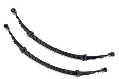 Added Lift Height and Ride Comfort. Take your suspension kit to the next level with Rough Country's Replacement Leaf Springs. Constructed from high-quality materials and designed specifically for the weight of your vehicle. This enhanced replacement spring will provide a factory-like feel while retaining your suspension lift height.┬á\
Durable and Off-Road Ready. Rough Country's Replacement Leaf Springs are designed to tackle any terrain that they are faced with. Featuring a multi-leaf design and spring pads this reduces the friction and maximizes comfort. Each leaf pack utilizes tapered leaves for improved flexibility at their ends.┬á\
Installation. Rough Country's Replacement Leaf Springs┬áoffer a 100% bolt-on installation estimated to take approximately 1-2 hours depending on vehicle condition. Simply remove the pre-existing leaf spring and use the stock hardware to equip your vehicle with this high-quality replacement.┬á\
Lifetime Replacement Warranty. Rough Country's Replacement Leaf is backed with a 5-year replacement warranty towards manufacturer defects. As such, the product is protected from structural and workmanship damage after the date of purchase. With our industry-leading warranty give yourself peace of mind when using Rough Country's Suspension products!┬á