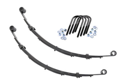 Added Lift Height and Ride Comfort. Take your suspension kit to the next level with Rough Country's Replacement Leaf Springs. Constructed from high-quality materials and designed specifically for the weight of your vehicle. This enhanced replacement spring will provide a factory-like feel while retaining your suspension lift height.┬á\
Durable and Off-Road Ready. Rough Country's Replacement Leaf Springs are designed to tackle any terrain that they are faced with. Featuring a multi-leaf design and spring pads this reduces the friction and maximizes comfort. Each leaf pack utilizes tapered leaves for improved flexibility at their ends.┬á\
Installation. Rough Country's Replacement Leaf Springs┬áoffer a 100% bolt-on installation estimated to take approximately 1-2 hours depending on vehicle condition. Simply remove the pre-existing leaf spring and use the stock hardware to equip your vehicle with this high-quality replacement.┬á\
Lifetime Replacement Warranty. Rough Country's Replacement Leaf is backed with a 5-year replacement warranty towards manufacturer defects. As such, the product is protected from structural and workmanship damage after the date of purchase. With our industry-leading warranty give yourself peace of mind when using Rough Country's Suspension products!┬á