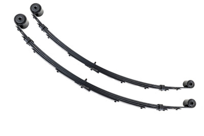 Added Lift Height and Ride Comfort. Take your suspension kit to the next level with Rough Country's Replacement Leaf Springs. Constructed from high-quality materials and designed specifically for the weight of your vehicle. This enhanced replacement spring will provide a factory-like feel while retaining your suspension lift height.┬á\
Durable and Off-Road Ready. Rough Country's Replacement Leaf Springs are designed to tackle any terrain that they are faced with. Featuring a multi-leaf design and spring pads this reduces the friction and maximizes comfort. Each leaf pack utilizes tapered leaves for improved flexibility at their ends.┬á\
Installation. Rough Country's Replacement Leaf Springs┬áoffer a 100% bolt-on installation estimated to take approximately 1-2 hours depending on vehicle condition. Simply remove the pre-existing leaf spring and use the stock hardware to equip your vehicle with this high-quality replacement.┬á\
Lifetime Replacement Warranty. Rough Country's Replacement Leaf is backed with a 5-year replacement warranty towards manufacturer defects. As such, the product is protected from structural and workmanship damage after the date of purchase. With our industry-leading warranty give yourself peace of mind when using Rough Country's Suspension products!┬á
