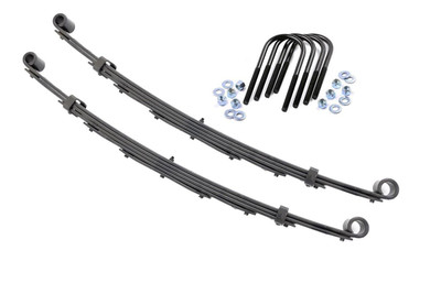 Added Lift Height and Ride Comfort. Take your suspension kit to the next level with Rough Country's Replacement Leaf Springs. Constructed from high-quality materials and designed specifically for the weight of your vehicle. This enhanced replacement spring will provide a factory-like feel while retaining your suspension lift height.┬á\
Durable and Off-Road Ready. Rough Country's Replacement Leaf Springs are designed to tackle any terrain that they are faced with. Featuring a multi-leaf design and spring pads this reduces the friction and maximizes comfort. Each leaf pack utilizes tapered leaves for improved flexibility at their ends.┬á\
Installation. Rough Country's Replacement Leaf Springs┬áoffer a 100% bolt-on installation estimated to take approximately 1-2 hours depending on vehicle condition. Simply remove the pre-existing leaf spring and use the stock hardware to equip your vehicle with this high-quality replacement.┬á\
Lifetime Replacement Warranty. Rough Country's Replacement Leaf is backed with a 5-year replacement warranty towards manufacturer defects. As such, the product is protected from structural and workmanship damage after the date of purchase. With our industry-leading warranty give yourself peace of mind when using Rough Country's Suspension products!┬á
