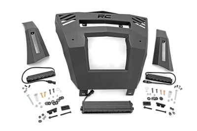 Superior Function. Enhance the look and capabilities of your Can-Am Defender's front end with Rough CountryΓÇÖs Front Bumper Kit with optional 6" or 12" LED Lights. This innovative add-on installs easily while following the factory body lines giving your UTV a more menacing appearance and additional front-end illumination.\
Innovative Design. These durable 1/8" steel panels offer a sleek, modern look that extends to the edge of the front-end assembly. Each side panel holds a 6-inch Rough Country Slimline LED Lightbar providing 2,880 lumens of off-road lighting. Additionally, the center will contain a 12" Lightbar offering 4,800 lumens so you can always see the trail ahead. Encased in an IP67 waterproof housing, Rough CountryΓÇÖs LED lights are engineered to tackle tough terrain and withstand the elements.\
Installation. Featuring a 100% bolt-on installation process, an estimated timeframe of 3-4 hours is suggested to complete this installation. With the included step-by-step instructions this high-quality unit can be installed at home using standard tools and can be completed efficiently and quickly!\
Limited Lifetime Replacement Warranty. Rough CountryΓÇÖs Front Bumper Kit is backed with a limited lifetime replacement warranty towards manufacturer defects. As such, the product is protected from structural and workmanship damage after the date of purchase. With our industry-leading warranty give yourself peace of mind when using Rough Country's Suspension products!\
┬á