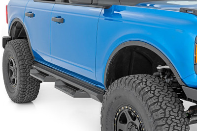 Maximum Clearance. Articulation is the name of the game when taking to the trails. If youΓÇÖre looking for the absolute maximum amount of tire clearance possible then look no further than Rough CountryΓÇÖs Ford Bronco Fender Delete Kit.┬á\
Stylish Appearance and Functionality. Removing your BroncoΓÇÖs fenders offers the maximum range of clearance for flexing and articulation, but the ugly factory inset that is left is an eyesore. Rough CountryΓÇÖs Fender Delete Kit helps dress up and protect this area for a clean, finished look. Once installed, youΓÇÖll gain a better line of sight for tackling approach angles on tough trails. Each section is made of durable, all-steel construction thatΓÇÖs laser-cut for a precise fit and powder-coated black to withstand the elements.┬á\
Installation.┬á Torn between needing the flare on occasion and being Offroad ready for those tight trails? Rough Country's supplied nutserts and hardware make future swaps between running a fender flare and RCΓÇÖs fender flare delete kit quick, easy and hassle-free.┬áRequiring drilling to complete the installation process, an estimated time frame of 2-3 hours is predicted to install.\
Limited Lifetime Replacement Warranty. Rough Country's Fender Delete Kit is backed with a limited lifetime replacement warranty towards manufacturer defects. As such, the product is protected from structural and workmanship damage after the date of purchase. With our industry-leading warranty give yourself peace of mind when using Rough Country's Suspension products!