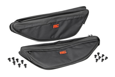 Added Storage. Carrying your essentials in your UTV should never be an issue when taking to the trails. Here at Rough Country, we have created an innovative product to ensure that you are prepared for the road less traveled. Introducing Rough Country's Front Door Storage Bags for 2019+ Honda Talon models.┬á\
Durable Construction. Rough Country's Front Door Storage Bags are constructed of high-density water, dust, and scratch-resistant 1680D Oxford nylon fabric. This convenient storage option sits prominently on the doors of your UTV offering ease of access to your stored goods. Rough Country's Storage Bags offers water and dust-resistant double SBS zippers to ensure that your cargo stays sealed and well protected. Don't take to the trails ill-prepared. Rough Country's storage bags are the must-have solution for carrying your cargo!\
Installation.┬áWith minor drilling required for installation, installation couldn't be easier. With an estimated timeframe of 1 hour, this full storage bag can be installed at home efficiently and quickly!\
Limited Lifetime Replacement Warranty. Rough Country's Front Door Storage Bags is backed with a limited lifetime replacement warranty towards manufacturer defects. As such, the product is protected from structural and workmanship damage after the date of purchase. With our industry-leading warranty give yourself peace of mind when using Rough Country's Suspension products!┬á