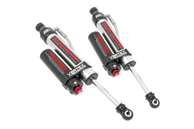 Behold: The pinnacle of off-road performance and smooth ride quality in an affordable package has arrived with Rough CountryΓÇÖs 2.5 Vertex 8-Stage Adjustable Reservoir Shocks. These high-performance reservoir shocks offer an elite ride-quality in every situation you face, with an 8-stage adjustable damping system that lets you perfectly dial-in your ride for whatever lies ahead. Whether you want a smooth ride for city streets or the ultimate damping for off-road mayhem, a quick spin of the dial lets you adjust each shock to the exact performance specifications you desire.Rough CountryΓÇÖs Nitrogen-charged Vertex Shocks feature a monotube design with an external reservoir for increased oil capacity and damping sensitivity. Each shock features a massive 2.5in diameter piston and a high-flow 22mm chrome hardened piston rod that simply dwarfs the competition. When it comes to investing in a high-end shock, youΓÇÖll be pleased to find that Rough CountryΓÇÖs 2.5in piston design is beefier and offers an impressive 56% greater fluid capacity than the average reservoir shock.A 3-stage, fortified seal system ensures your Vertex shocks keep kicking while the beautifully designed honed steel body offers a long lifespan of reliable performance and killer good looks. This shock is designed to be a true eye-catcher, with a beautiful silver finish, laser-etched RC logo, matching "Vertex" decals, and CNC-machined Billet Aluminum accents. Rear shocks feature a durable bracket system with laser-etched logo and a premium braided steel reservoir line.Includes an Industry-leading 3-year Warranty!