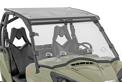 Added Protection and Customizable Comfort: Shield the occupants of your Can-Am Commander from off-road hazards like rocks, branches, and debris with Rough Country's Scratch-Resistant Windshield. This innovative design combines protection with unmatched comfort by featuring 4 adjustable vents that allow you to control airflow to suit your needs. Vents can be closed, opened, or half-opened for ultimate versatility. Whether you're navigating dusty trails or keeping cool on hot days, the 360┬░ rotating vents provide superior flexibility, making every ride more enjoyable. High-Quality Polycarbonate Construction: Crafted from thick .25 polycarbonate material, Rough Country windshields deliver the ultimate combination of clarity, flexibility, and durability. Precision cut for a flawless fit, this material outperforms glass and acrylic in toughness, ensuring your windshield can handle even the roughest terrains. Enhanced Durability with Scratch and UV Resistance: Each windshield is coated with a secondary AR2 hard-coating process, creating a robust scratch-resistant barrier that extends its lifespan. This treatment also provides UV protection, ensuring your windshield remains clear and functional for years to come.Contoured Design with a Precision Fit: The contoured design and premium rubber seal ensure a secure, rattle-free fit that keeps out dust, debris, and water, while seamlessly complementing the rugged aesthetics of your Can-Am Commander. Seamless Roof Compatibility: Engineered to integrate effortlessly with both factory and most aftermarket roofs, this windshield adds versatility without compromising style or functionality. Quick and Easy Installation: With a simple strap-on installation process, you can have your Rough Country windshield ready to go in as little as 15ΓÇô30 minutes. Spend less time prepping and more time conquering the trails. Limited-Lifetime Replacement Warranty: Rough Country stands behind its products with a limited lifetime replacement warranty against manufacturer defects. Ride with confidence knowing your windshield is protected from structural or workmanship damage.