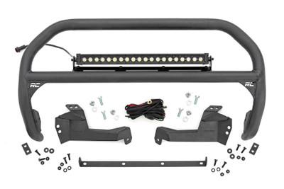 Outfit your 2021 Bronco Sport right with Rough Country's Nudge bar. This durable 3-inch thick tubular steel bull bar provides unbeatable protection for the front side of your vehicle all while offering multipe LED mounting solutions to provide ample lighting for the trail ahead.\
┬á\
This easy-to-install bull bar features a 100% bolt-on installation process, giving you a simple way to add this eye-catching upgrade that provides protection from hazards on and off-road. Each Nudge Bar is coated with corrosion-resistant black powder coat to ensure a long-lifespan for years to come.\
┬á\
Rough Country's Nudge Bar can be equipped with four round LED lights, or a single row 20" LED light bar! Rough CountryΓÇÖs all-weather LED lights feature a durable, die-cast aluminum housing and include a premium, waterproof, flat-wound, braided wiring harness with toggle switch and in-line fuse.
