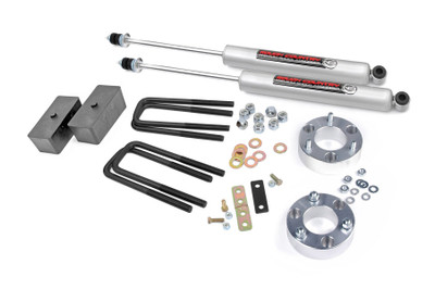 Give your 00-06 Tundra an aggressive look from front to rear with Rough CountryΓÇÖs 2.5in Toyota Suspension Lift Kit! This easy-to-install leveling kit raises the front of your vehicle to be equal height with the rear for a leveled, flush look that gives a better ride height and more aggressive appearance.\
This kit features a set of front, durable aluminum strut spacersallowing you gain additional ride height without sacrificing ride quality or performance. This new spacer features aircraft quality, T6061 Billet Aluminum offering enhanced durability against elements like rain and rust. Rough Country's new spacer allows for clearance between the upper control arm and the strut.\
A set of Rough Country's premium N3 shocks are also included in this kit. These fine tuned 10-stage variable high-pressure Nitrogen charged shocks offer a fantastic blend of off-road action and smooth highway ride quality. With a durable 18mm spring-loaded piston rod and faster-cooling 54mm shock body.\
Get the wheels you want! Rough Country's 2.5in Toyota Suspension Lift Kit comes with everything you need to fit up to a 33x10.5" tire with proper wheel backspacing.\
Best of all, Rough Country's 2.5in Toyota Suspension Lift Kit is backed by our Lifetime Replacement Warranty.\
┬á