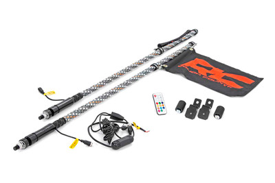 Upgrade your Polaris General or Ranger with a set of colorful LED whip lights quickly and easily with Rough CountryΓÇÖs LED Whip Light Bed Mount Kit. This convenient mounting kit attaches directly to any of the 1-7/16in holes that line the bed, giving you multiple positions to mount a set of LED whip lights. With a 3/16-inch plate steel construction and durable, black powder coat finish, these mounts are sure to withstand anything the trail throws your way.\
Turn heads along the trail with Rough CountryΓÇÖs two-piece LED Whip Light kit. These 4 foot tall, flexible LED whip lights feature a mind-blowing array of 300 unique, colorful patterns such as strobe, fade, rainbow, swirl, chase, and countless more. With 300 LEDs in a spiral formation, these LED whip lights are designed to produce a dazzling display of color combinations that make your vehicle stand out from the pack. Use the handy included remote to quickly change colors, patterns or dim the lights however you desire!