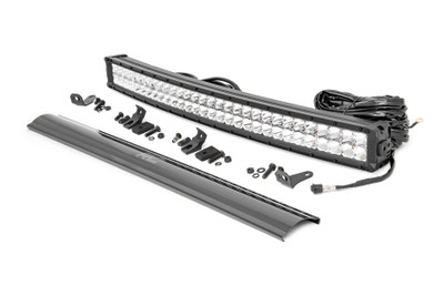 Command the Dark: Light up the night and stay on the trails longer with Rough Country's sleek 30-inch Dual Row CREE LED Light Bar. This powerful light bar offers 27,000 lumens of illumination and 300 watts of energy-efficient output, all housed in a stylish, modern frame. Featuring 60 high-intensity 5-watt CREE LEDs, it delivers superior brightness and durability for any adventure.The sleek chrome panel design complements vehicles with chrome accents, such as grilles, wheels, bull bars, or steps. Designed for all-weather performance, this light bar comes with a durable die-cast aluminum housing, ensuring maximum strength and heat dissipation. ItΓÇÖs also backed by an IP67 waterproof rating, providing reliable performance even in harsh conditions.This light bar contains 30 cool white daytime running LEDs for enhanced visibility and safety. Installation is made simple with the included premium, flat-wound wiring harness, complete with an on/off switch for easy operation. The light bar also features Rough Country's Light Bar Noise Silencers, designed to eliminate unwanted hums, whistles, and wind noise typically found in mounted LED light bars.This light bar includes both end mounts and adjustable base mounts, offering multiple mounting options for maximum versatility. A snap-on cover protects the lens, while Moisture Breather technology reduces moisture build-up inside the light. Plus, itΓÇÖs all backed by a 3-year warranty for peace of mind.