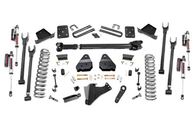 Gain greater travel and improved handling while adding ground clearance and aggressive style with Rough CountryΓÇÖs 4-Link F-250 Lift Kit.This innovative kit allows you to replace your factory arms with a 4-Link setup, using Rough CountryΓÇÖs durable, fixed upper arms and adjustable lower control arms. A set of radius arm drop brackets maintain proper geometry and allow for proper caster setting, which is crucial to maintain factory handling.This kit includes a set of lifted coil springs, radius arm drop-brackets, and ultra-durable, fabricated Anti-wrap rear blocks that prevent binding and axle wrap. This kit also includes stainless steel extended brake lines and brake line brackets to ensure you have everything you need to install your lift. Best of all, this kit features Rough CountryΓÇÖs Nitrogen-Charged N2.0 Shock Absorbers for the ultimate balance in off-road performance and a smooth highway ride. Includes Rough CountryΓÇÖs Lifetime Replacement Warranty
