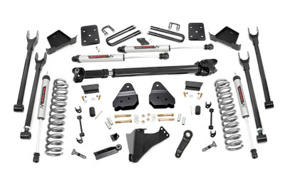 Gain greater travel and improved handling while adding ground clearance and aggressive style with Rough CountryΓÇÖs 4-Link F-250 Lift Kit.This innovative kit allows you to replace your factory arms with a 4-Link setup, using Rough CountryΓÇÖs durable, fixed upper arms and adjustable lower control arms. A set of radius arm drop brackets maintain proper geometry and allow for proper caster setting, which is crucial to maintain factory handling.This kit includes a set of lifted coil springs, radius arm drop-brackets, and ultra-durable, fabricated Anti-wrap rear blocks that prevent binding and axle wrap. This kit also includes stainless steel extended brake lines and brake line brackets to ensure you have everything you need to install your lift. Best of all, this kit features Rough CountryΓÇÖs V2 Monotube Shock Absorbers for the ultimate balance in off-road performance and a smooth highway ride. Includes Rough CountryΓÇÖs Lifetime Replacement Warranty