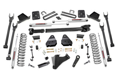 Gain greater travel and improved handling while adding ground clearance and aggressive style with Rough CountryΓÇÖs 4-Link F-250 Lift Kit.This innovative kit allows you to replace your factory arms with a 4-Link setup, using Rough CountryΓÇÖs durable, fixed upper arms and adjustable lower control arms. A set of radius arm drop brackets maintain proper geometry and allow for proper caster setting, which is crucial to maintain factory handling.This kit includes a set of lifted coil springs, radius arm drop-brackets, and ultra-durable, fabricated Anti-wrap rear blocks that prevent binding and axle wrap. This kit also includes stainless steel extended brake lines and brake line brackets to ensure you have everything you need to install your lift. Best of all, this kit features Rough CountryΓÇÖs Nitrogen-Charged N2.0 Shock Absorbers for the ultimate balance in off-road performance and a smooth highway ride. Includes Rough CountryΓÇÖs Lifetime Replacement Warranty