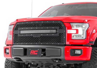 Give the front-end of your Ford F-150 a unique look with Rough CountryΓÇÖs Mesh Grille kit! This easy to install grille replacement kit swaps out your stock grille with the eye-catching, head-turning good looks of this aftermarket upgrade. With a unique, laser-cut mesh pattern surrounded by stylish, stainless steel rivets, this grill gives your truck a more menacing look thatΓÇÖs sure to draw attention.This kit features a Rough Country's 30ΓÇ¥ Curved Dual-Row Black-Series LED light bar with Cree LED's outputting a staggering 14,400 Lumens and 180 Watts of lighting power. Includes a mountable on/off switch, wiring harness, and our 3 Year LED Warranty!This easy-to-install grille requires no cutting or drilling and can be returned to stock at any time. Each kit is powdercoated black to resist corrosion and give a long lifespan of good looks. This kit also allows you to retain your active grille shutter system and front camera and features Rough CountryΓÇÖs Lifetime Replacement Warranty! \\